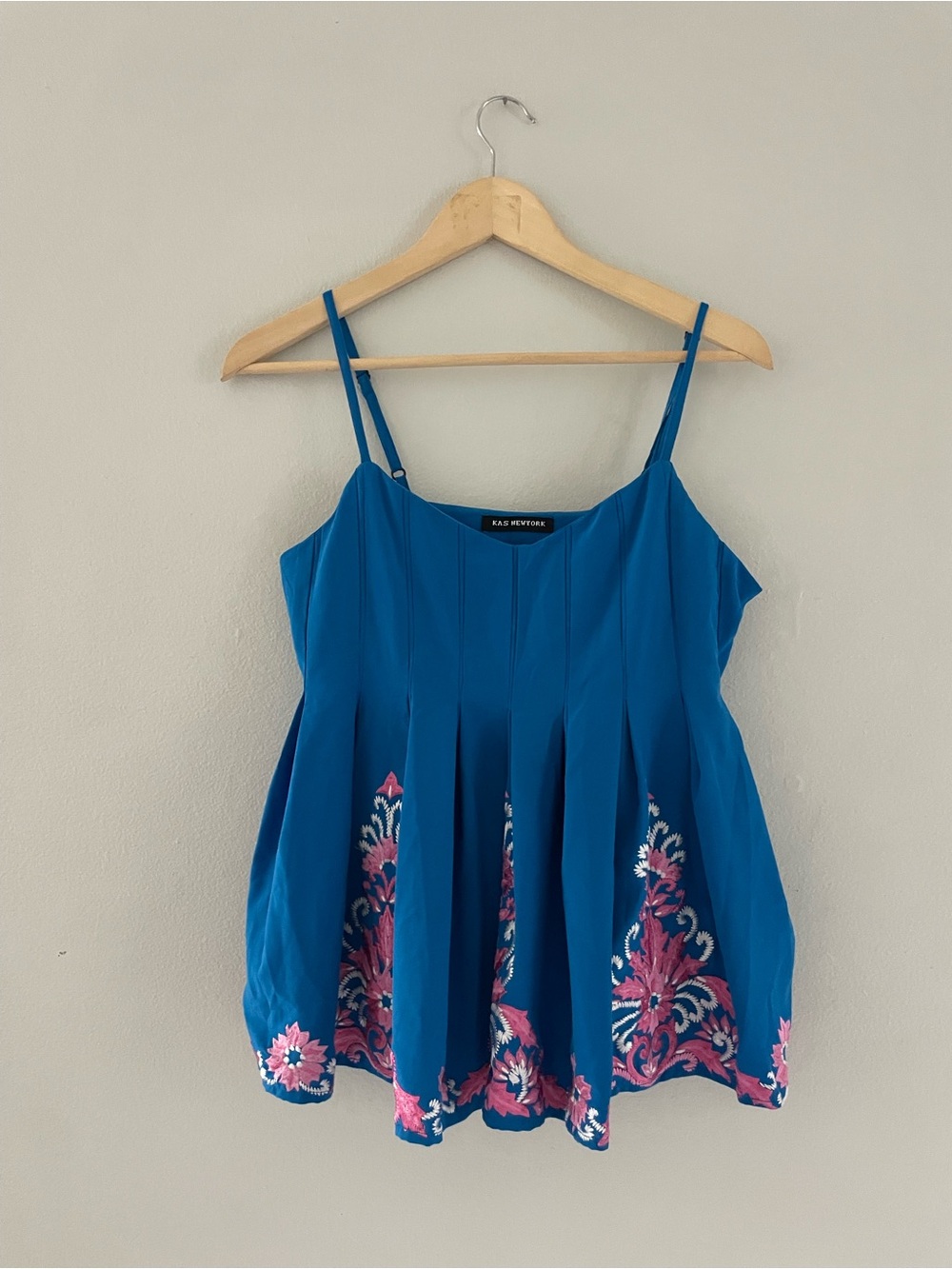 Kas New York Blue Spaghetti-Strap Tank Top with Pink Embroidery